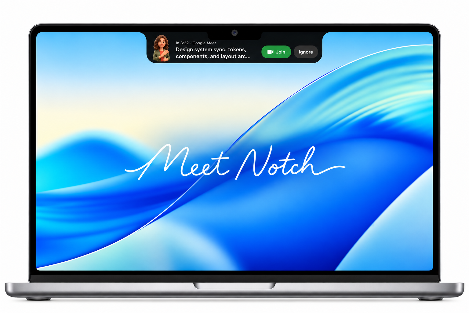 MeetNotch alert dropping from a MacBook notch