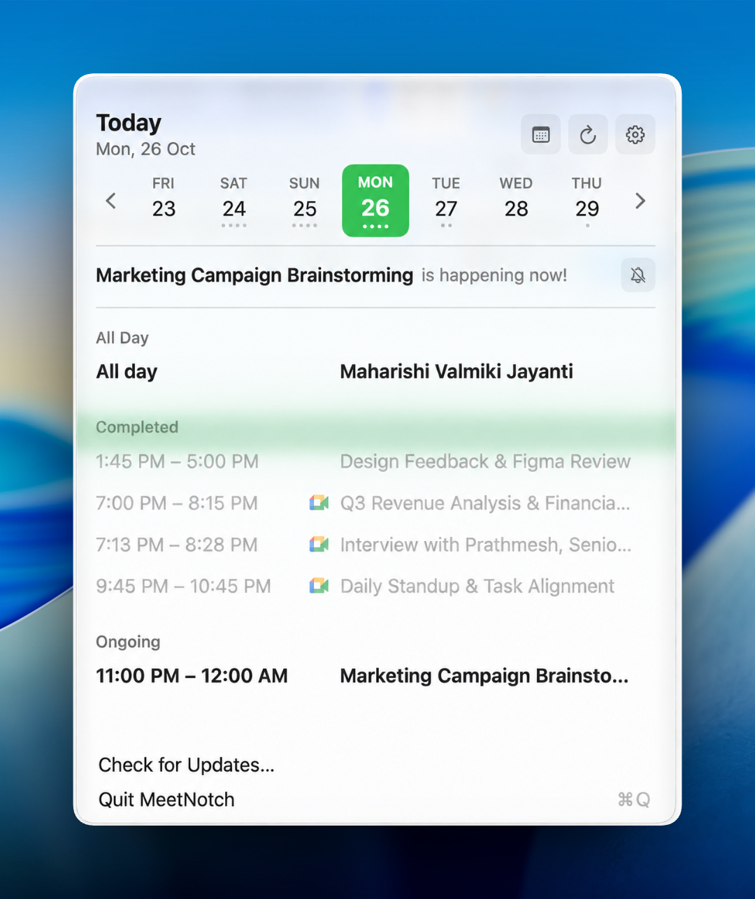 MeetNotch schedule window